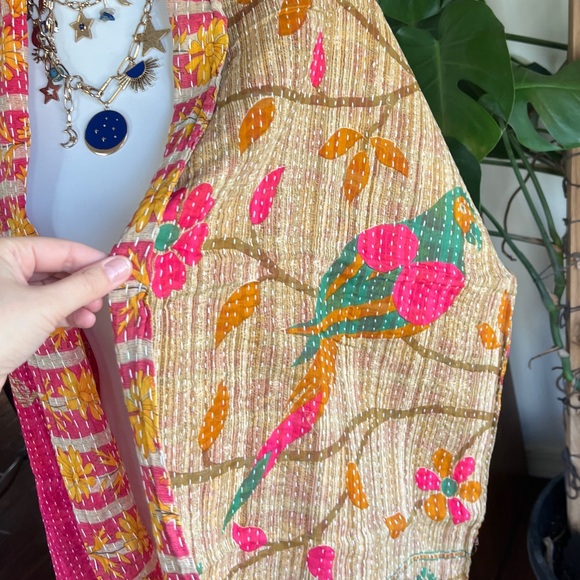 Kantha Vibrant Pink Multicolor Bird Scarf Wrap Shrug or Table Runner Decor - Picture 8 of 15